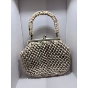 Vintage Beaded Handbag 1960s Style Chic Retro Cream Woven KISS Lock Top Handle‎